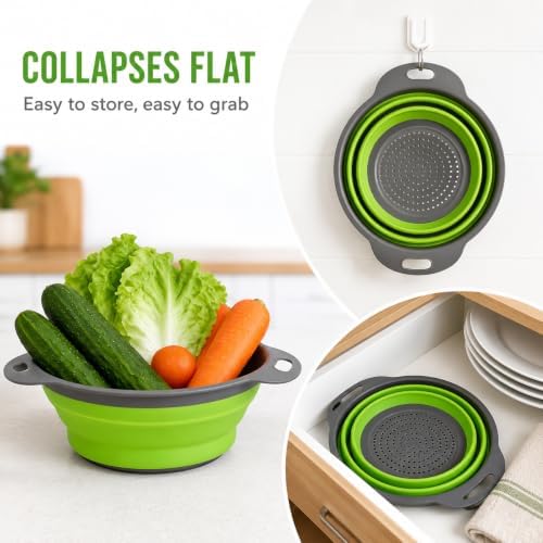 2-Piece Collapsible Colander Set, Large and Medium, Gray and Green