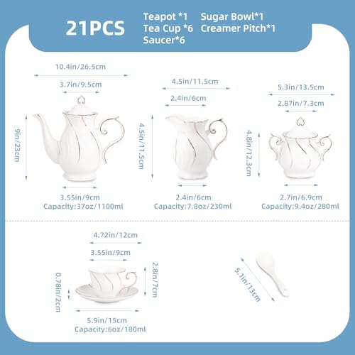 Agyiuns Tea Set 21Pcs ceramic 6 tea cups and saucers, sugar and