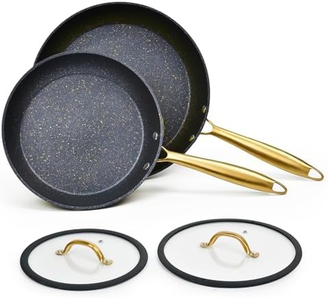Nonstick Frying Pan Set with Silicone Glass Lids, 2-Piece 9.5inch 11inch Non Stick Granite Skillets with Hot Handle,Chef's Pan,Cooking Pan,Oven Safe Pots, Gas Induction Compatible