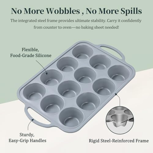 12-Cup Mini Silicone Muffin Pan with Reinforced Steel Frame,Metallic