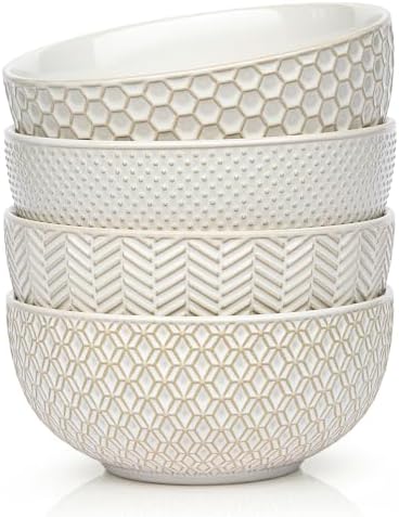 KooK Ceramic Soup Bowls, Embossed, Oven Safe, 24 oz, Set of 4, Ivory