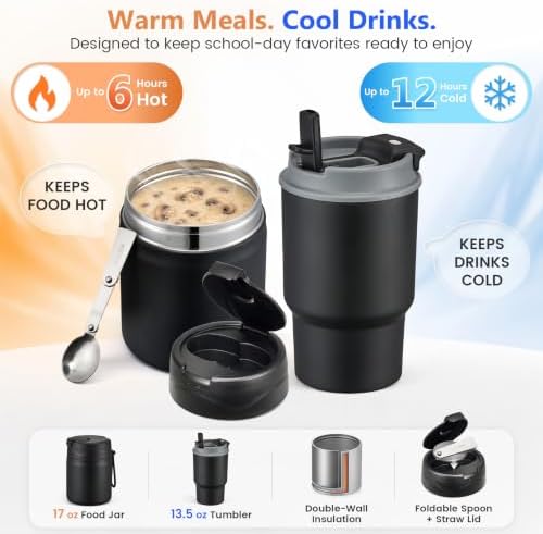 Pawtong Lunch Box Set with 17OZ Food Thermo, Black
