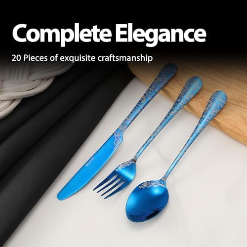 Wave Cutlery Set 20 Pieces Stainless Steel Flatware Set (All Blue)