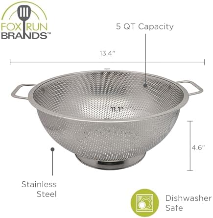 Fox Run Large Colander Set, Set of 2 Stainless Steel Kitchen Strainers with Handles, Includes a 5 Quart and a 3 Quart Pasta Strainer