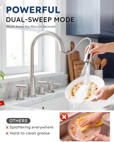 WOWOW 2 Handle Kitchen Faucet with Sprayer and Soap Dispenser