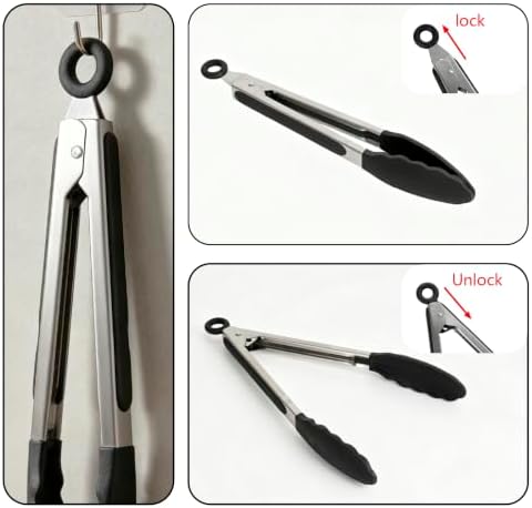Set of 2 Tipped Stainless Steel Tongs, 12 and 9 Inch, Black
