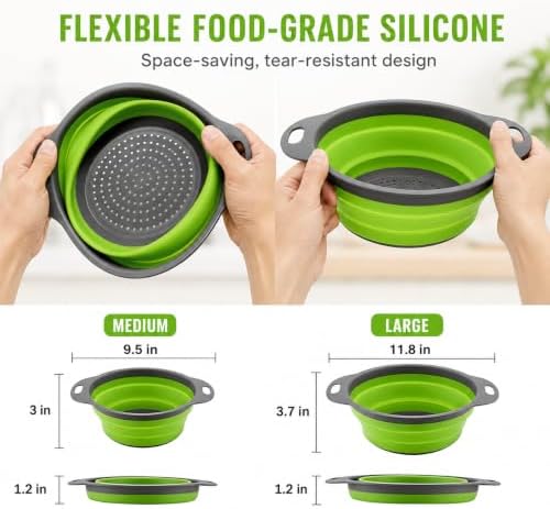 2-Piece Collapsible Colander Set, Large and Medium, Gray and Green