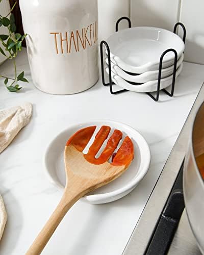 LE TAUCI Ceramic Spoon Rest with Holder, 4.8 Inches, Set of 4, White