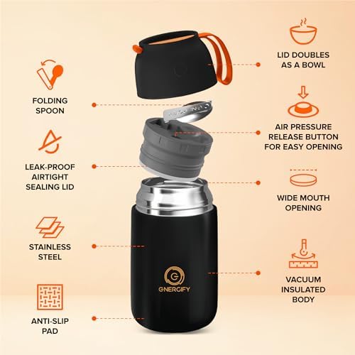 Vacuum Insulated Food Jar. Large 24oz Bowl incl. Folding Spoon, Cup.