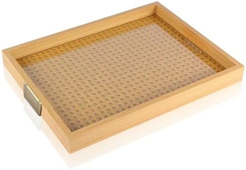 YWMSGM Rattan Woven mesh Surface Wood Serving Tray with Metal Handles