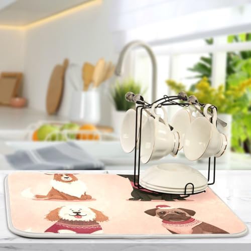 OTVEE Festive Pet Art Dish Drying Mat for Kitchen Counter Absorbent