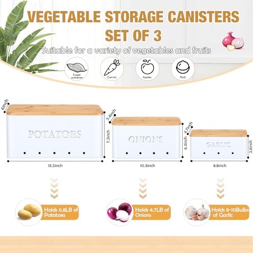 Honeydak 3 PCS White Potato Onion Garlic Storage Bins Set, Metal