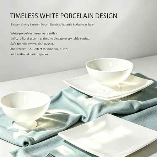 YQ&AMK Ivory White Porcelain Dinnerware Set, 12-Piece Square Dishes for 4 | Dinner Plates, Dessert Plates & Bowls