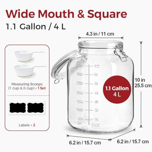 1.1 Gallon Glass Flour Jars with Airtight Lids, 2 Pack