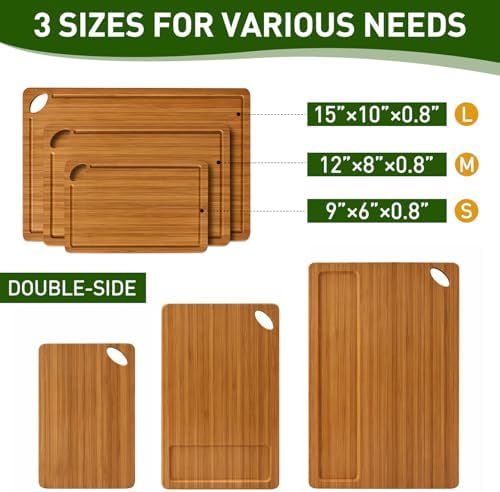 Bamboo Cutting Boards Set for Kitchen Non Toxic Solid Wood Chopping