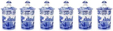 Spode Blue Italian Set of 6 Spice Jars, Fillable Containers for Mixed