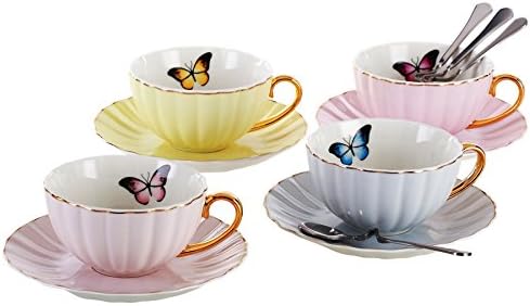 Jusalpha 4 Pcs Elegant Multi Color Tea Cup and Saucer Set with Spoons