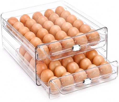 60 Egg Holder for Fridge Clear 2 Layers Egg Tray with Date Tracker