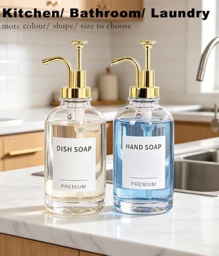 Dish Soap Dispenser Set, Gold, 2 Pack, 18 Oz Clear Bottles