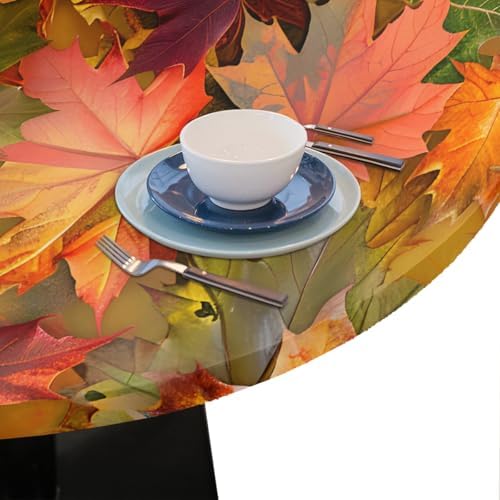 Pardick Maple Leaves Round Fitted Tablecloth with Elastic 40-44In