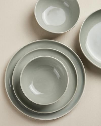 Pokini 32 Piece Dinnerware Set for 8 with Pasta Bowls, Gray Green Reactive Glaze Stoneware | All‑in‑One Host Set for Entertaining, Holiday Meals, Multi‑Course Dish Set | Unique Irregular Look