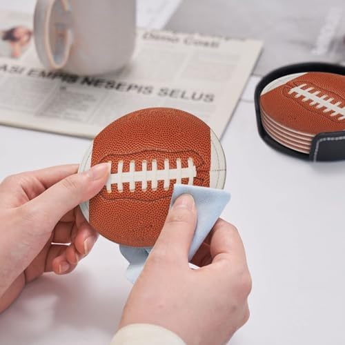 Football Coasters for Drinks with Holder Round Leather Coasters Set of