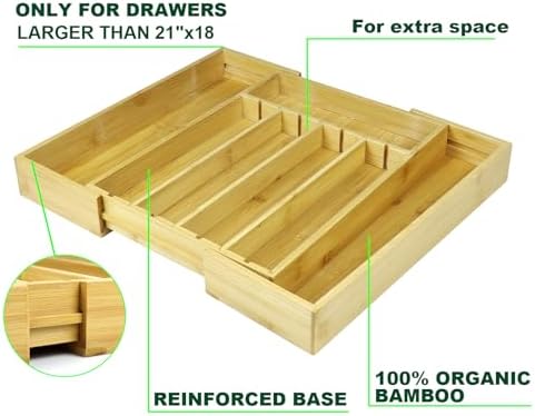 Bamboo Adjustable Drawer Organizer - Expandable Utensil Organizer for