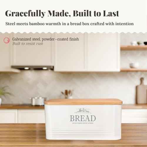 noonberry Metal Bread Box for Kitchen Countertop, Bamboo Lid, Farmhouse