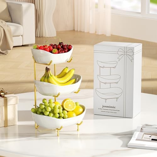 Ceramic 3 Tier Fruit Bowl, Fruit Basket for Kitchen Counter, Gold