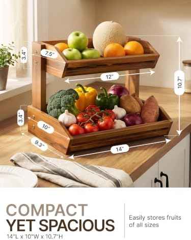 Tidita Acacia 2-Tier Fruit Basket for Kitchen Counter, Breathable Structure