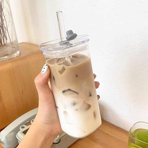 Square Glass Cups with Lids and Straws, 4Pcs Temperature Resistant
