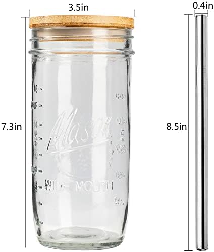 Mason 4 Pack Reusable Tea Cups, Glass Jars 24oz Wide Mouth Smoothie
