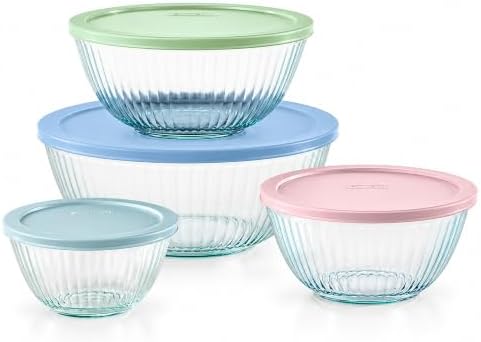 Pyrex Ribbed Glass Mixing Bowl Set with Pastel Lids, 8 Piece Nesting