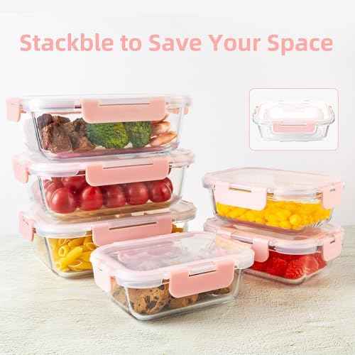 16Pack Glass Meal Prep Containers with Pink Lids