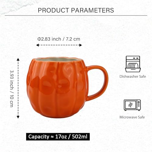 Pumpkin Mugs Set of 2 - Large Ceramic Fall Coffee Mugs 17 OZ