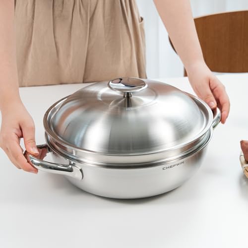 316 Stainless Steel 11-Inch 4.5 Quart Heavy Duty Wok pan with Lid and Steamer, Stir Fry Pan, 5Ply, Induction Cookware, Dishwasher Safe, Oven Safe