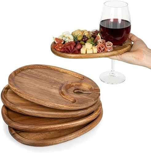 PICNIC TIME Wine Appetizer Plates, Set of 4 Wooden Cocktail Plates with Glass Holder, Mini Charcuterie Boards for Wine and Cheese Parties, Acacia Cheese Board Serving Trays (Oval - Acacia Wood)