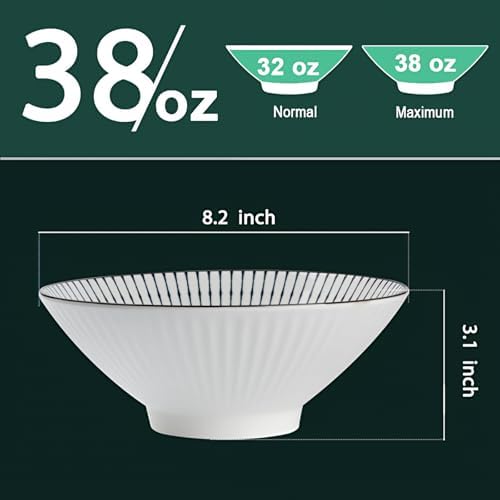 QINLANG 38 oz Japanese Ramen Bowls, Ceramic Set of 4 for Cereal, Soup
