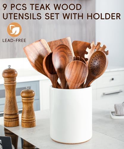 10-Piece Teak Wood Utensil Set with Ceramic Holder