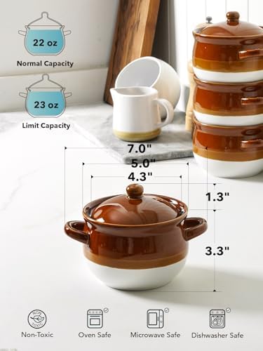 LE TAUCI French Onion Soup Bowls with Lids, Handles, 22 oz, Set of 4