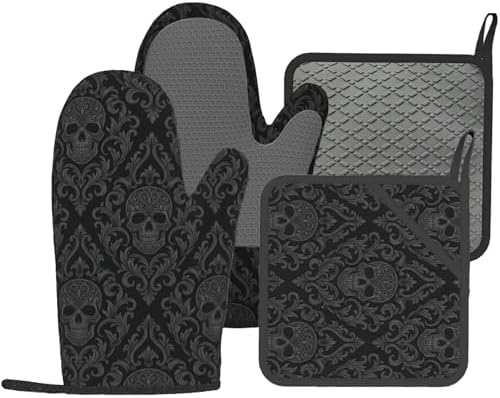 Gothic Black Skull Oven Mitts and Pot Holders, 4-Piece Set