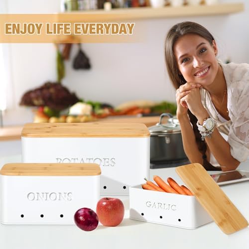 Honeydak 3 PCS White Potato Onion Garlic Storage Bins Set, Metal
