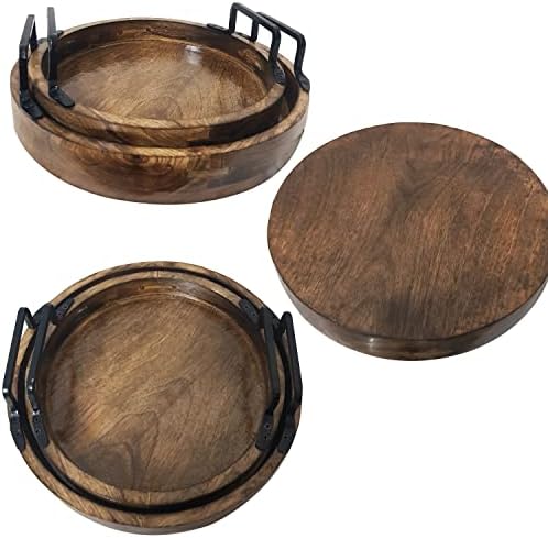 Set of 2 Round Wooden Serving Trays with Handles – Handcrafted Rustic