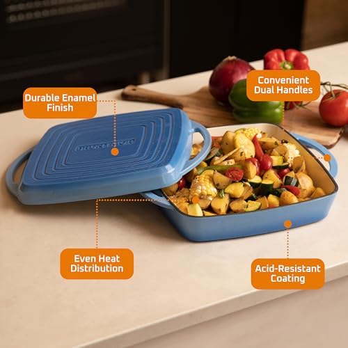 Bruntmor 2-in-1 Square Dutch Oven with Grill Pan, Whale Blue