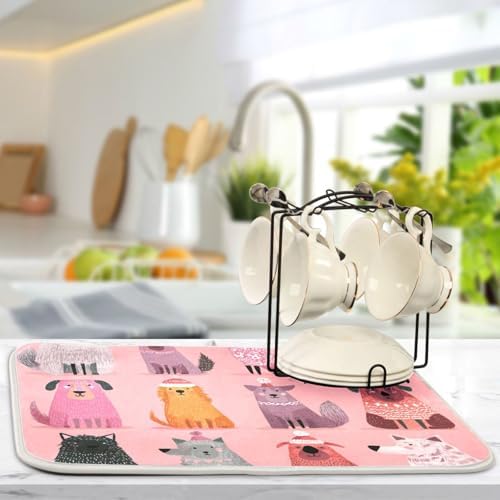OTVEE Festive Animal Decor Dish Drying Mat for Kitchen Counter