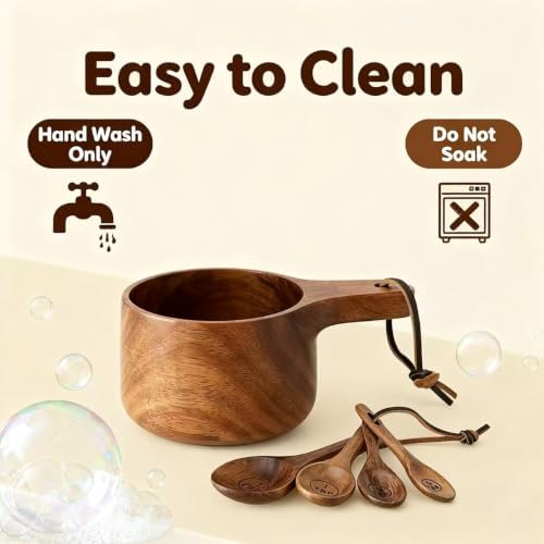 Acacia Wood Measuring Cups and Spoons Set, 8 Piece Handcrafted Wooden