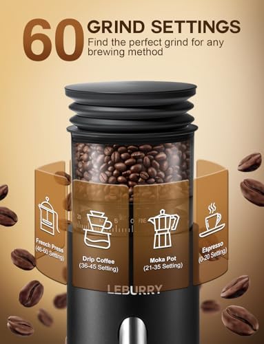 Burr Coffee Grinder, 60 Grind Settings, LCD Timer