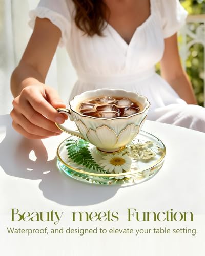 Oqplog Resin Drink Coaster for Desk Coffee Table-White Cute Dried