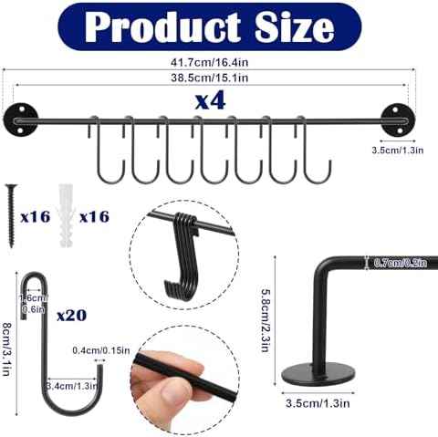 4 Pcs Black Iron Kitchen Utensil Rack Wall Mounted Organizer with 20 Hooks, Heavy Duty Kitchen Rail with Hooks for Pots Pans Lids Storage, Space Saving Wall Hanger Holder for Organization