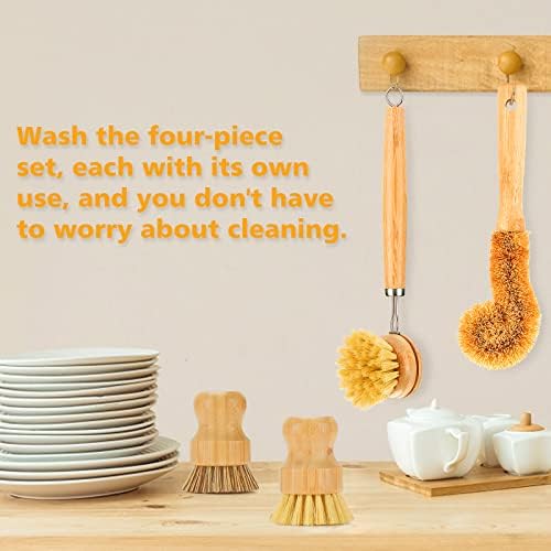 SAMEBUTECO Bamboo Dish Brush Set, 4 Tools, Natural Bristles